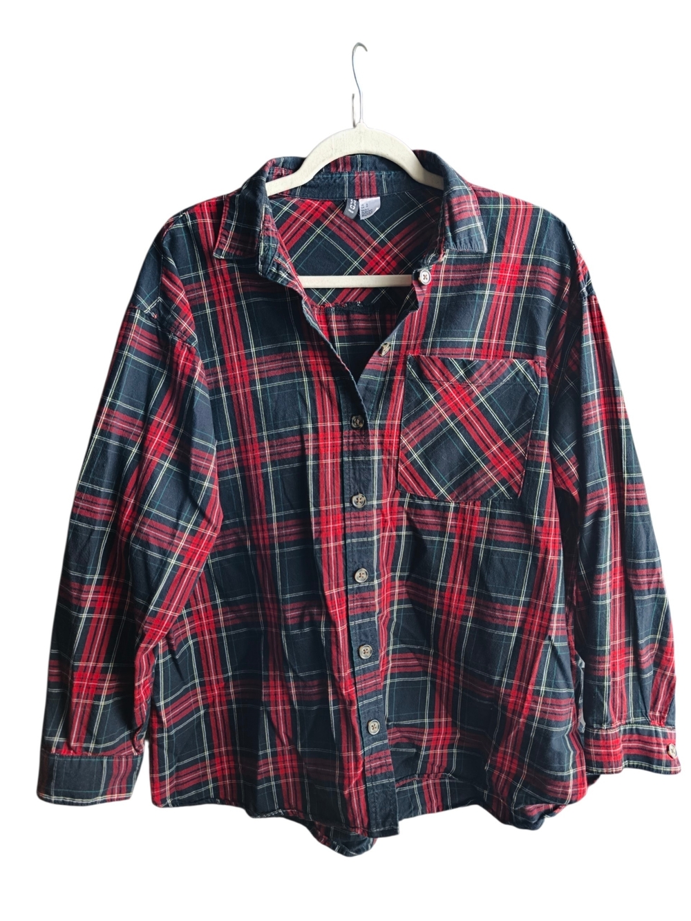 H&M Divided Red, Black & Green Plaid Button-Up Shirt